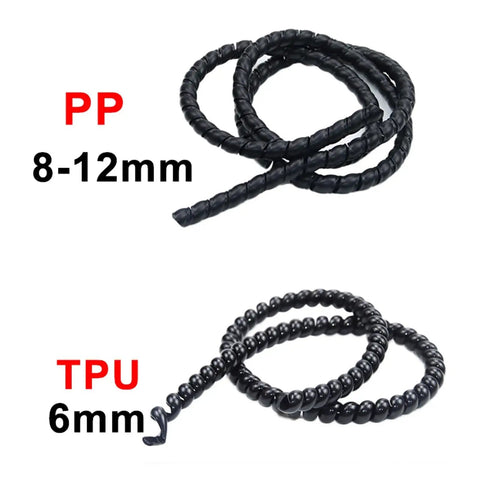 Hella Slick Spiral Cable Wrap Sleeve For E Bike And Home Office Wire Management Tube Organizer Kit With Versatile Heavy Duty Design Black Protective Cover Keeps Cables Neat, showing PP and TPU cable designs.