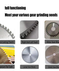 Heavy Duty Electric Circular Saw Blade Sharpener With Five Inch Grinding Wheel And Water Reservoir For Carbide Inserts 550 Watt Motor Built Like A Tank showing various saw blades.