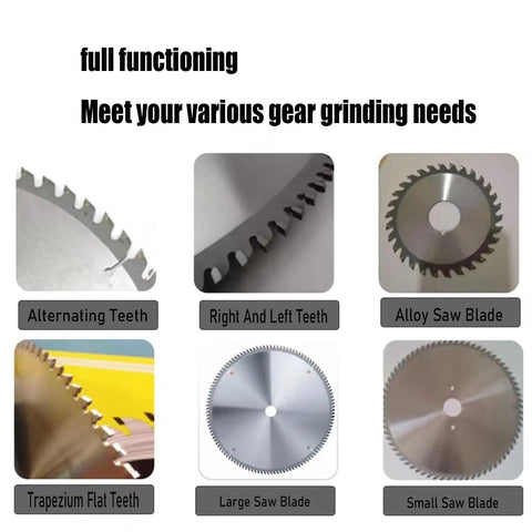 Heavy Duty Electric Circular Saw Blade Sharpener With Five Inch Grinding Wheel And Water Reservoir For Carbide Inserts 550 Watt Motor Built Like A Tank showing various saw blades.