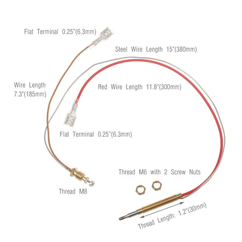 Timsec patio heater thermocouple sensor with 1.2 in brass probe, M8/M6 threads, red and steel wires, 0.25 in flat terminals.