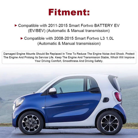 Smart Fortwo showing fitment details for No Hassle Plug And Play Heavy Duty Engine Motor Transmission Mount Kit Fits Smart Fortwo L3 1.0L Evo.