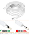 33Ft DC Power Extension Cable 2.1mm X 5.5mm Plug for 12V Adapters CCTV Cameras IP Cameras and DVRs, white cable with connectors