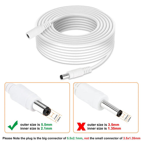33Ft DC Power Extension Cable 2.1mm X 5.5mm Plug for 12V Adapters CCTV Cameras IP Cameras and DVRs, white cable with connectors