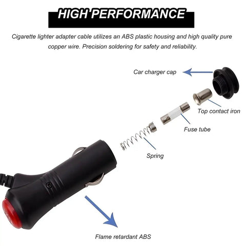 Ride Ready Cigarette Lighter To DC Power Adapter Cable With Easy Toggle Switch And Inline 3Amp Fuse components and features detailed diagram