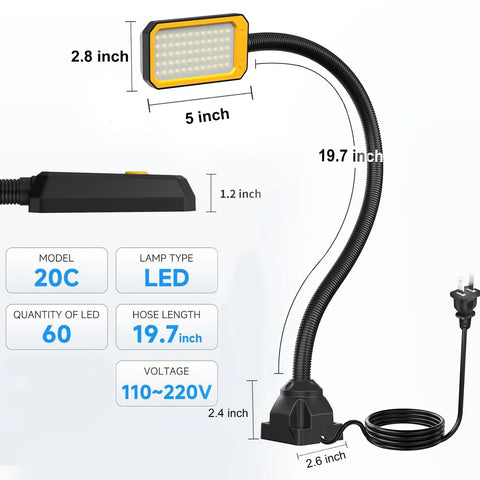 20-Inch LED Gooseneck Work Light With 1500LM Output, 6500K Daylight, adjustable lamp with screw mount base and cord