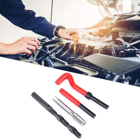 17 Piece M12x1.5 Thread Repair Kit with Spiral Drill, Screw Tap, Break Pin Tool, Hex Key shown with mechanic at work