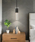 Modern Black Kitchen Pendant Light With Square Glass Shade And Bubble Crystal Column Hardwired Ceiling Fixture LED Bulb
