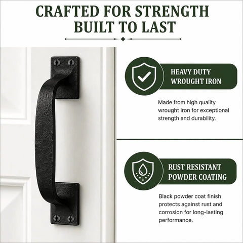 Dang Sturdy Six Inch Black Wrought Iron Cup Bin Pull Cabinet Handles With Rust Proof Powder Coat Finish on door.