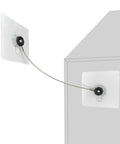 Heavy Duty Stainless Steel No Drill Furniture Straps to Securely Anchor Bookshelves and TVs Against Tipping for Toddler Safety without Damaging Walls Featuring Rock Solid Adhesive Backing Plus Quick Setup with mounting system showing adhesive pads and cable.