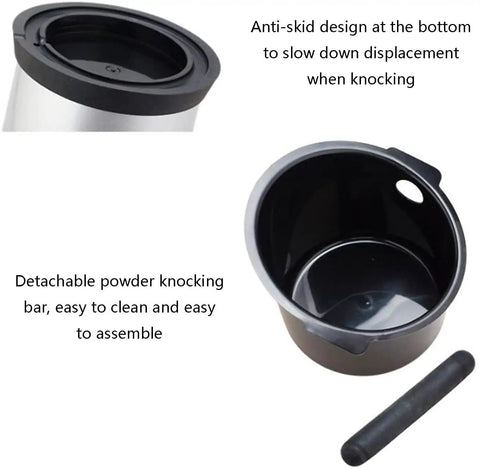 Top Shelf Coffee Knock Box With Shock Absorbing Base And Detachable Snag Free Knocker Bar 700Ml showing anti-skid bottom and detachable knocker.