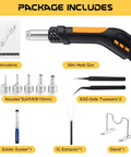 Heat Gun 700W Mini Hot Air Rework Tool With LED Display, shown with nozzles, tweezers, solder sucker, IC extractor, and stand.