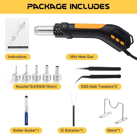Heat Gun 700W Mini Hot Air Rework Tool With LED Display, shown with nozzles, tweezers, solder sucker, IC extractor, and stand.