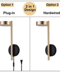 Two In One Plug In Or Hardwired Industrial Gold Brass Wall Sconces with adjustable metal arm, dual pack for versatile lighting options