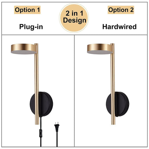 Two In One Plug In Or Hardwired Industrial Gold Brass Wall Sconces with adjustable metal arm, dual pack for versatile lighting options