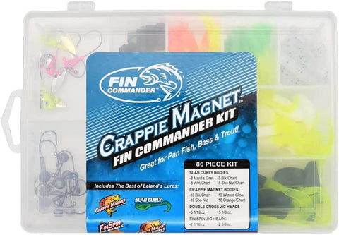 Fin Commander Slab Curly 86 Piece Kit For Pan Fish, Bass And Trout in plastic case with visible lures and jig heads