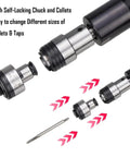 Pro Cordless Tapping Gun Machine With 21V Battery And ANSI Collets For M3 To M12 Taps showing self-locking chuck and collets.