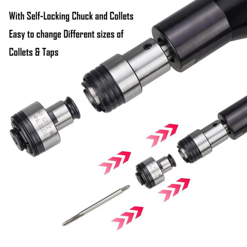 Pro Cordless Tapping Gun Machine With 21V Battery And ANSI Collets For M3 To M12 Taps showing self-locking chuck and collets.