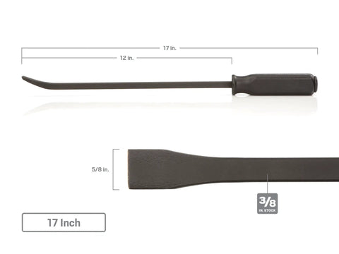 17-inch steel pry bar from Beefy Angled End Handled Pry Bar Set, 3-Piece with heat-treated bar stock for heavy-duty use.