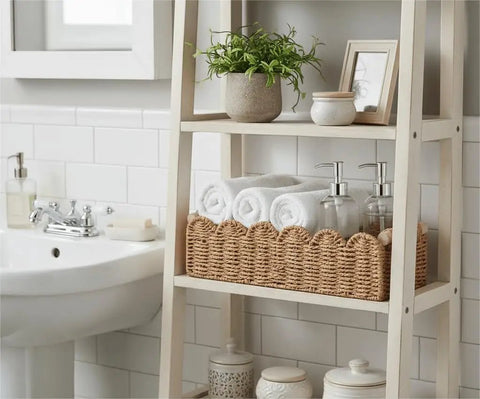 Totally Chic Scalloped Paper Rope Storage Basket With Ridiculously Sturdy Handle For Bathroom Decor And Over The Toilet Organization Super Handy Tissue Holder And Daily Essentials Organizer