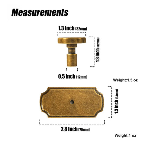 Antique Brass Cabinet Knobs With Backplate 6 Pack Solid Zinc Alloy dimensions showing handle and backplate measurements 1.3 inch and 2.8 inch.