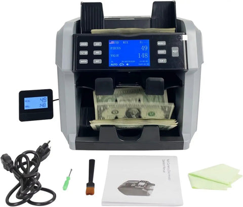 Heavy Duty Money Counter Machine Processes Swift Cash Bills Automatic Denomination Sorting Serial Number Reading Built In Printer with bills sorting.