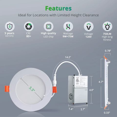 16 Pack 4 Inch Recessed LED Can Lights With 6 CCT Adjustable 2500K To 5000K, 750LM Bright, 9W Equivalent features diagram