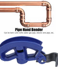 Holigie Hand Conduit Bender 3/4-Inch C45 Steel Pipe Bending Tool, blue hand tool with copper pipes behind for bending applications.