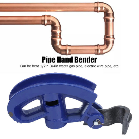 Holigie Hand Conduit Bender 3/4-Inch C45 Steel Pipe Bending Tool, blue hand tool with copper pipes behind for bending applications.
