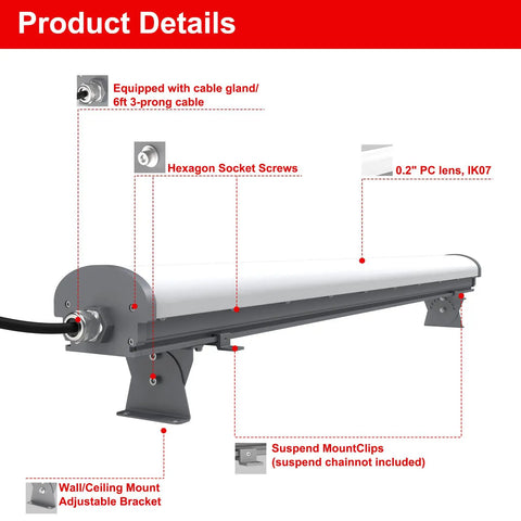 Side view of LED Explosion Proof Light 4ft 100W 14000 Lumens Hazardous Location Fixture with corrosion-resistant housing