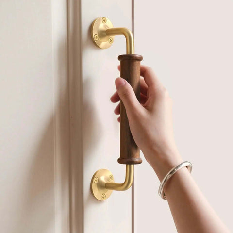 Two Pack Walnut Wood Door Pull Handles With Antique Nickel Backplates for fence gate barn door closet sliding door indoor handrail