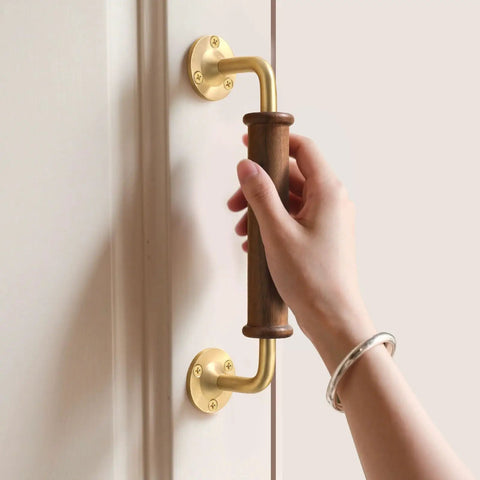 Walnut Wood Door Pull Handle Set For Barn Doors Gates Fence Closets And Sheds Smooth Polished Grip With Brass Accent Heavy Duty 8 Screw Mount Easy Install Indoor Or Outdoor Handrail Replacement