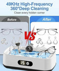 Powerful 48KHz Ultrasonic Cleaner For Jewelry And Delicate Finds, 12oz Stainless Cleaning Pod comparison graphic with items