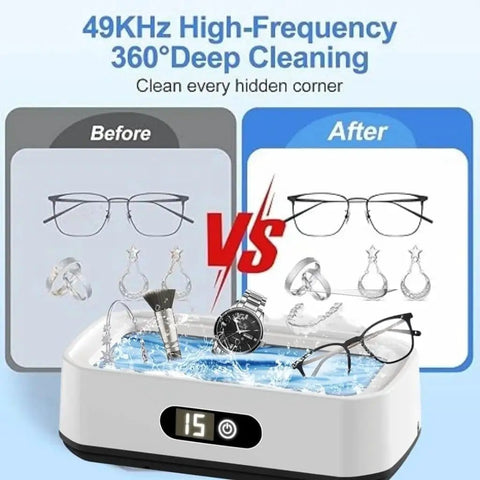 Powerful 48KHz Ultrasonic Cleaner For Jewelry And Delicate Finds, 12oz Stainless Cleaning Pod comparison graphic with items