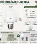Rechargeable LED bulb with USB charging feature and built-in battery, eco-friendly design, dimensions 2.4x6 cm.