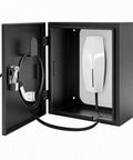 Hella Tough Wall Mounted EV Charger Outdoor Enclosure with secure lock, showcased open to reveal space for charger cables.
