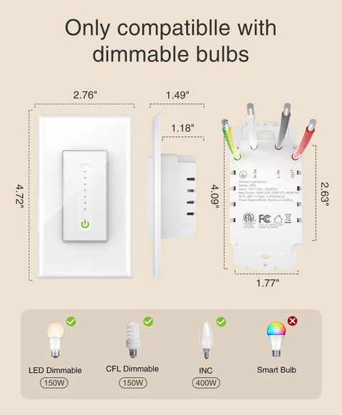 Dimensions and compatibility of Smart Dimmer Switch That Plays Nice With Alexa And Google Home 2.4GHz WiFi Dimmable LED CFL Bulbs