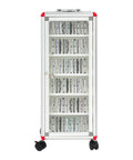 Heavy Duty 72 Slot Cell Phone Locker With Slick Rolling Casters For Classroom And Office Organization featuring a clear door and aluminum body.