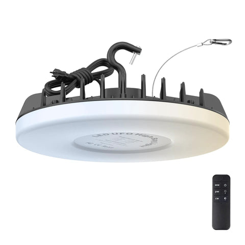UFO LED High Bay Light 150W 18000LM With 3 CCT Adjustable, No-Fuss 10-100% Dimming Via Remote, IP65 Waterproof Shop Lighting