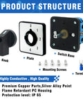 Rotary Changeover Switch Five Position Two Pole Eight Terminal Industrial Selector with visible knob, plate, base, and terminals.