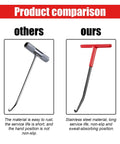 Two motorcycle exhaust spring puller tools shown: silver knurled-head hook and red T-handle puller.