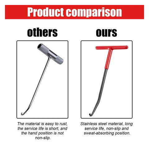 Two motorcycle exhaust spring puller tools shown: silver knurled-head hook and red T-handle puller.