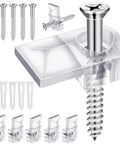32 Pack Slick Clear Plastic Mirror Clips With Rock Solid Rust Resistant Metal Screws Frameless Glass Mounting Hardware For Wall Cabinet Door And Picture Frames Straight Up Easy Install close-up of clips and screws in clear plastic and metal.