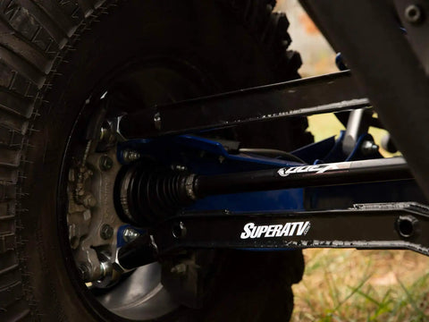 Arched Boxed Radius Rods for Polaris RZR Pro XP and Pro XP 4 Off Road Upgrade With High Ground Clearance Beefy Rugged Steel Build Powder Coated Black Finish Easy Install And Durable Performance installed on rear wheel