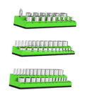 Heavy Duty Socket Organizers Set Of Three Portable Rack Holders For Garage Workshop Tool Stash Keeper Sturdy Pp Design Tame The Clutter In Your Sweet Setup And Keep It Tight Sae Green, featuring compact racks with chrome sockets.