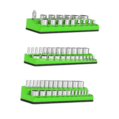 Heavy Duty Socket Organizers Set Of Three Portable Rack Holders For Garage Workshop Tool Stash Keeper Sturdy Pp Design Tame The Clutter In Your Sweet Setup And Keep It Tight Sae Green, featuring compact racks with chrome sockets.