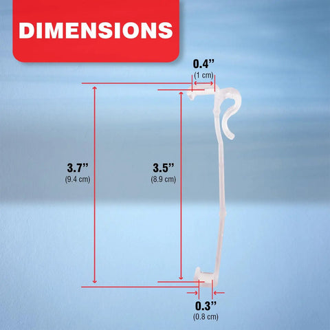 Dead Simple 3.5 Inch Clear Valance Clips For Window Shades 5 Pack dimensions shown on a blue background with clear plastic clip measurements.