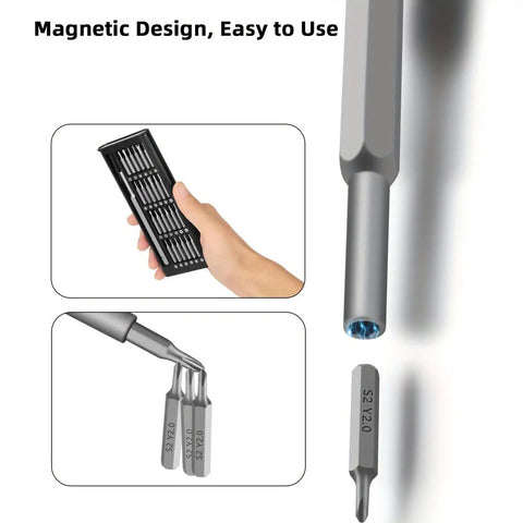 Go-To Magnetic 24 In 1 Precision Screwdriver Set with various magnetic bits shown in use.