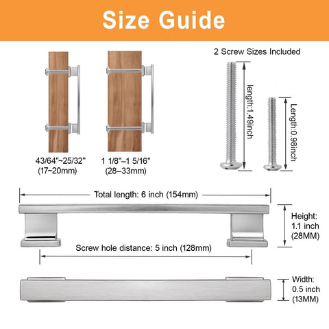 Size guide for 20 Pack Brushed Nickel Cabinet Pulls 5 Inch Solid Zinc Alloy Drawer Handles For Kitchen Cabinets Closet Bathroom
