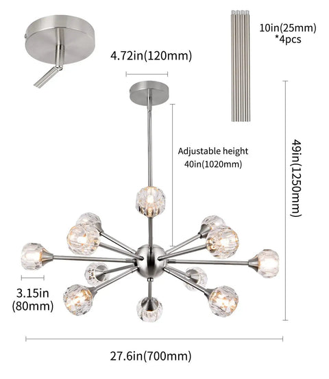 Lit 12 Light Black Sputnik Chandelier With Modern Glass Globes Pendant Ceiling Light dimensions and components