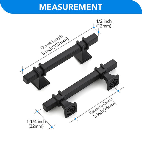 3 Inch Black Cabinet Handles 30 Pack Square Zinc Alloy Pulls measurement diagram with 5 inch length and 3 inch hole centers.